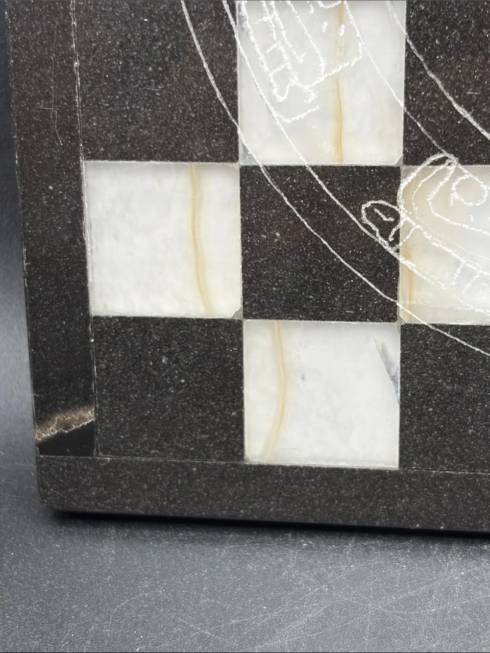 Black & White Stone Etched Mayan Pyramid Motif Chessboard Game Board Home Decor